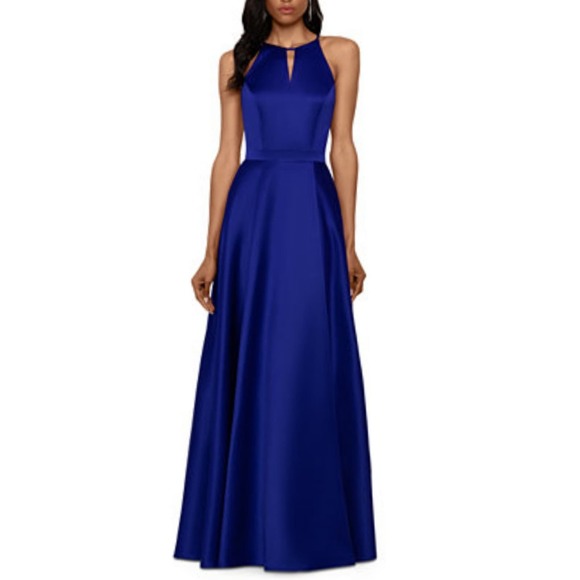 Xscape Dresses & Skirts - Xscape Royal Blue Satin Gown High Neck Keyhole Open Back Pockets 3247X